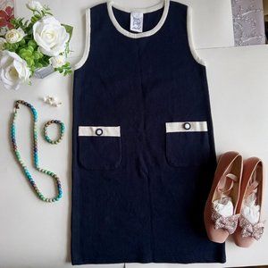 white and dark blue sleeveless sweater dress